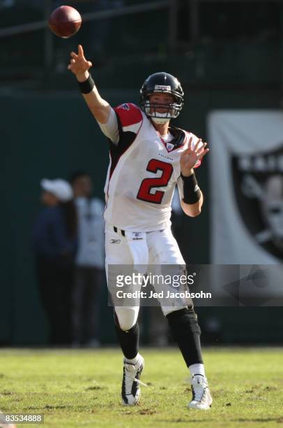Matt Ryan of the Atlanta Falcons passes against the Oakland Raiders during an NFL game on November 2, 2008 at the Oakland-Alameda County Coliseum in...