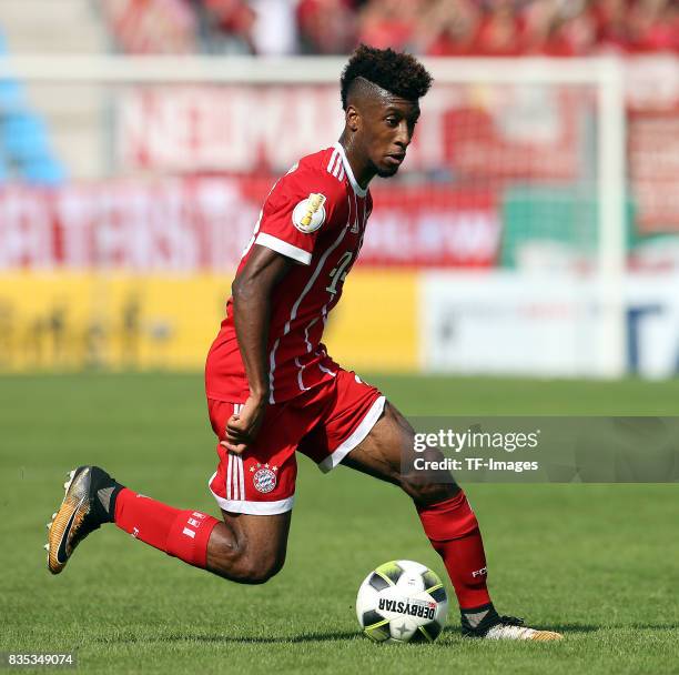 Kingsley Coman of Bayern Muenchen controls the ball during the DFB Cup first round match between Chemnitzer FC and FC Bayern Muenchen at...