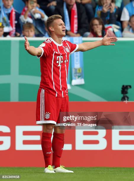 Joshua Kimmich of Bayern Muenchen gestures during the DFB Cup first round match between Chemnitzer FC and FC Bayern Muenchen at community4you Arena...