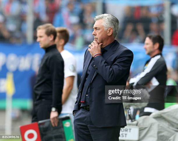 Head coach Carlo Ancelotti of Bayern Muenchen looks on during the DFB Cup first round match between Chemnitzer FC and FC Bayern Muenchen at...