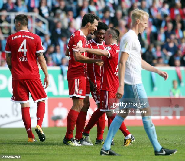 Mats Hummels of Bayern Muenchen, Franck Ribery of Bayern Muenchen and David Alaba of Bayern Muenchen celebrate a goal during the DFB Cup first round...