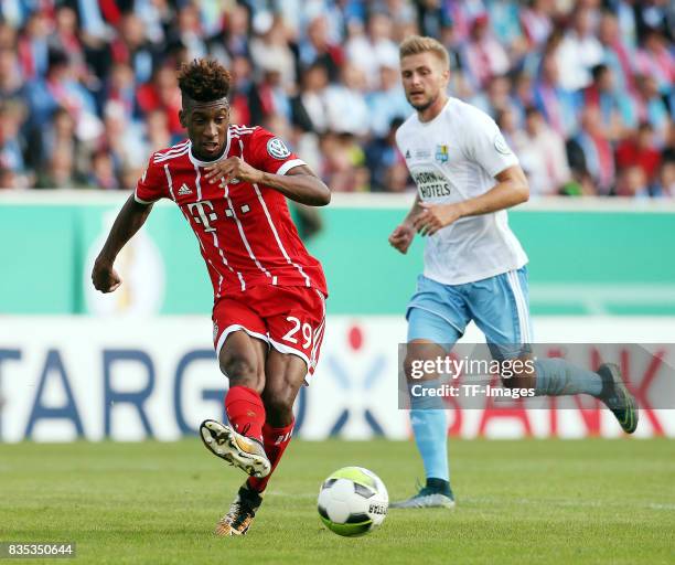 Kingsley Coman of Bayern Muenchen controls the ball during the DFB Cup first round match between Chemnitzer FC and FC Bayern Muenchen at...