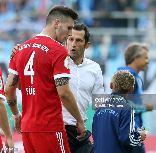 Niklas Suele of Bayern Muenchen looks on during the DFB Cup first round match between Chemnitzer FC and FC Bayern Muenchen at community4you Arena on...