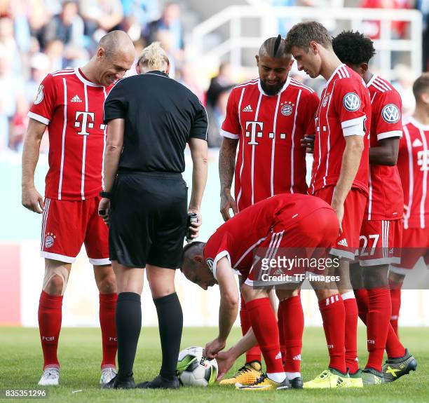 Rerferee Bibiana Steinhaus and Franck Ribery of Bayern Muenchen during the DFB Cup first round match between Chemnitzer FC and FC Bayern Muenchen at...