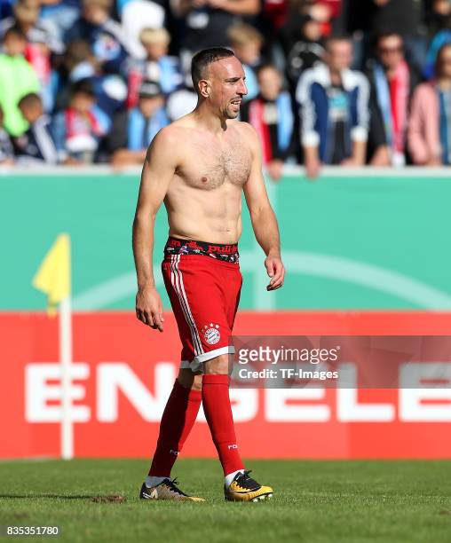 Franck Ribery of Bayern Muenchen looks on during the DFB Cup first round match between Chemnitzer FC and FC Bayern Muenchen at community4you Arena on...