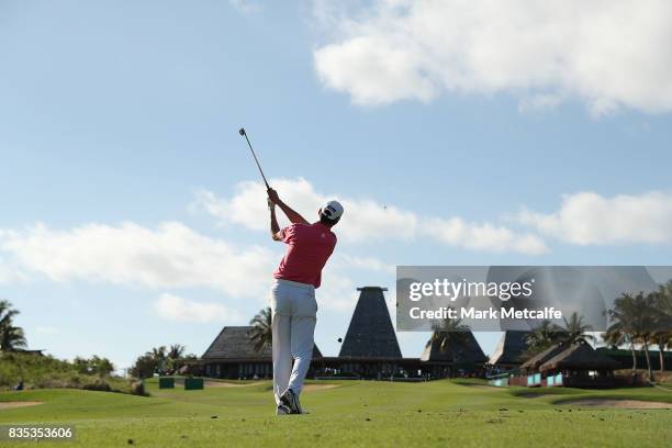 Jason Norris of Australia hits an approach shot on the 18th hole during day three of the 2017 Fiji International at Natadola Bay Championship Golf...