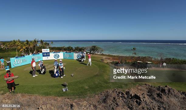Jason Norris of Australia hits his tee shot on the 15th hole during day three of the 2017 Fiji International at Natadola Bay Championship Golf Course...