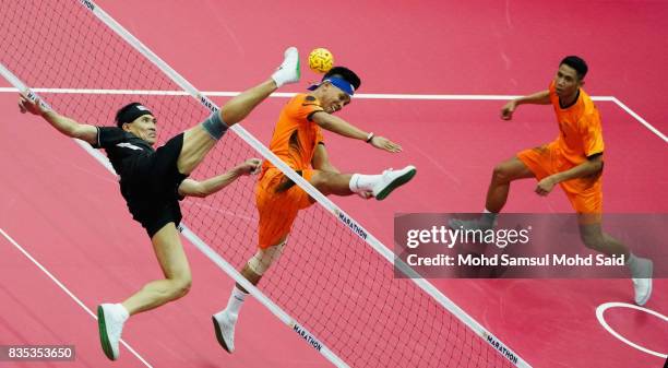 Anuwat Chaicana of Thailand plays a shoot during the Sepak Takraw Men's competition against Malaysia at the 2017 SEA Games on August 19, 2017 in...