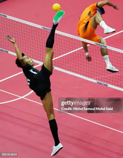 Anuwat Chaicana of Thailand plays a shoot during the Sepak Takraw Men's competition against Malaysia at the 2017 SEA Games on August 19, 2017 in...