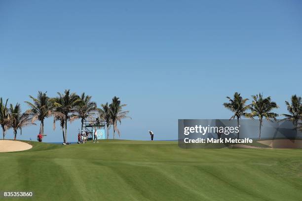 Scott Hend of Australia putts on the 10th hole during day three of the 2017 Fiji International at Natadola Bay Championship Golf Course on August 19,...