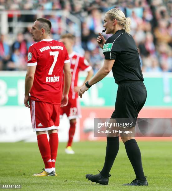 Rerferee Bibiana Steinhaus in action during the DFB Cup first round match between Chemnitzer FC and FC Bayern Muenchen at community4you Arena on...