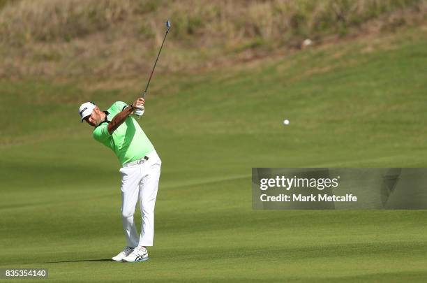 Damien Jordan of Australia hits an approach shot on the 1st hole during day three of the 2017 Fiji International at Natadola Bay Championship Golf...