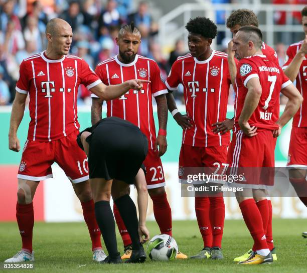 Rerferee Bibiana Steinhaus and Franck Ribery of Bayern Muenchen during the DFB Cup first round match between Chemnitzer FC and FC Bayern Muenchen at...