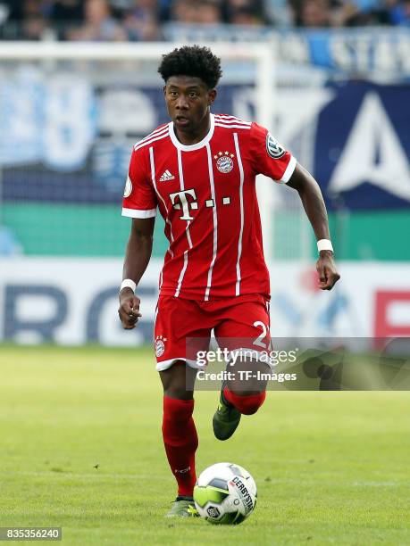 David Alaba of Bayern Muenchen controls the ball during the DFB Cup first round match between Chemnitzer FC and FC Bayern Muenchen at community4you...