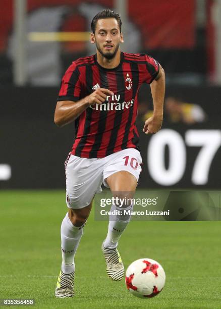 Hakan Calhanoglu of AC Milan in action during the UEFA Europa League Qualifying Play-Offs round first leg match between AC Milan and KF Shkendija 79...