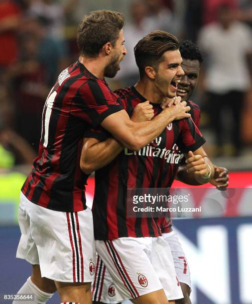 Andre Silva of AC Milan celebrates his second goal with his team-mates Fabio Borini and Franck Kessie during the UEFA Europa League Qualifying...