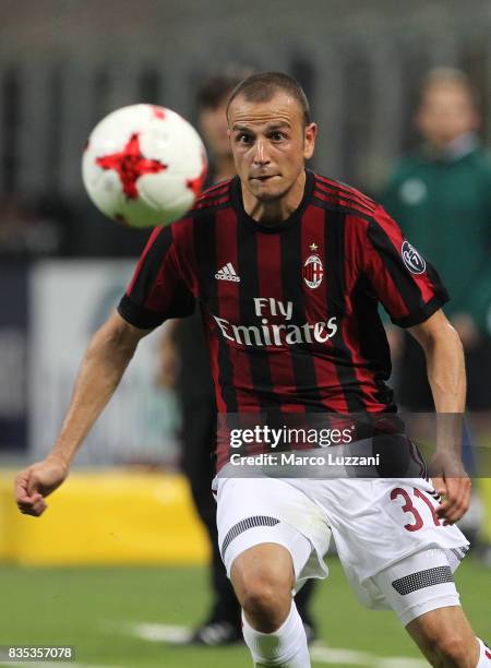 Luca Antonelli of AC Milan in action during the UEFA Europa League Qualifying Play-Offs round first leg match between AC Milan and KF Shkendija 79 at...