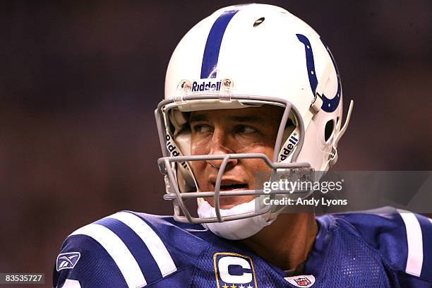 Peyton Manning of the Indianapolis Colts looks on against the New England Patriots at Lucas Oil Stadium on November 2, 2008 in Indianapolis, Indiana.