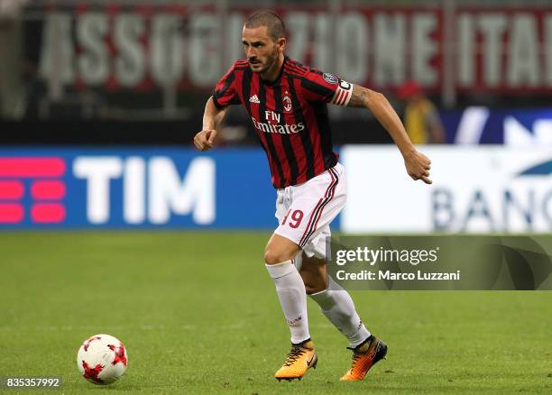 Leonardo Bonucci of AC Milan in action during the UEFA Europa League Qualifying Play-Offs round first leg match between AC Milan and KF Shkendija 79...