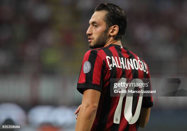 Hakan Calhanoglu of AC Milan looks on during the UEFA Europa League Qualifying Play-Offs round first leg match between AC Milan and KF Shkendija 79...