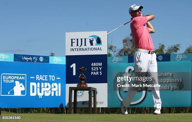 Jason Norris of Australia hits his tee shot on the 1st hole during day three of the 2017 Fiji International at Natadola Bay Championship Golf Course...