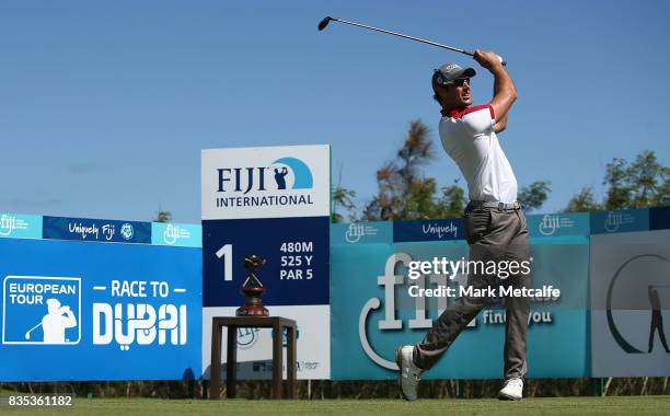 Daniel Pearce of New Zealand hits his tee shot on the 1st hole during day three of the 2017 Fiji International at Natadola Bay Championship Golf...