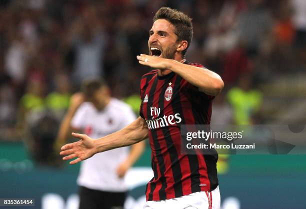 Fabio Borini of AC Milan celebrates his goal during the UEFA Europa League Qualifying Play-Offs round first leg match between AC Milan and KF...