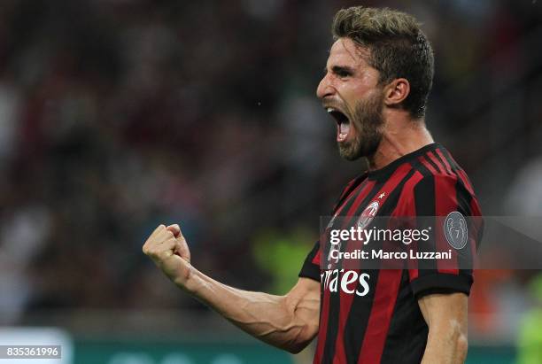 Fabio Borini of AC Milan celebrates his goal during the UEFA Europa League Qualifying Play-Offs round first leg match between AC Milan and KF...