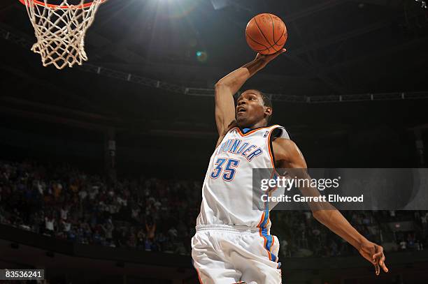 Kevin Durant of the Oklahoma City Thunder goes to the basket against the Minnesota Timberwolves at the Ford Center on November 2, 2008 in Oklahoma...