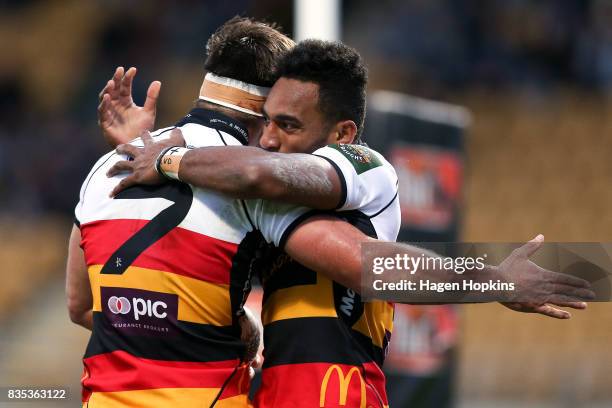 Mitch Jacobson of Waikato celebrates his try with Sevu Reece during the round one Mitre 10 Cup match between Taranaki and Waikato at Yarrow Stadium...