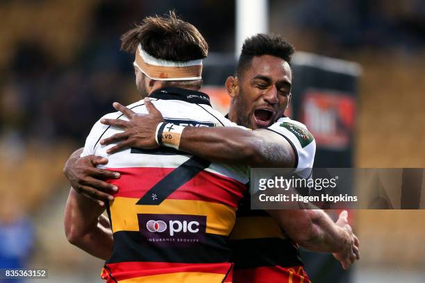 Mitch Jacobson of Waikato celebrates his try with Sevu Reece during the round one Mitre 10 Cup match between Taranaki and Waikato at Yarrow Stadium...