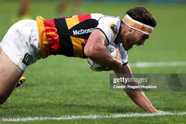 Mitch Jacobson of Waikato scores a try during the round one Mitre 10 Cup match between Taranaki and Waikato at Yarrow Stadium on August 19, 2017 in...