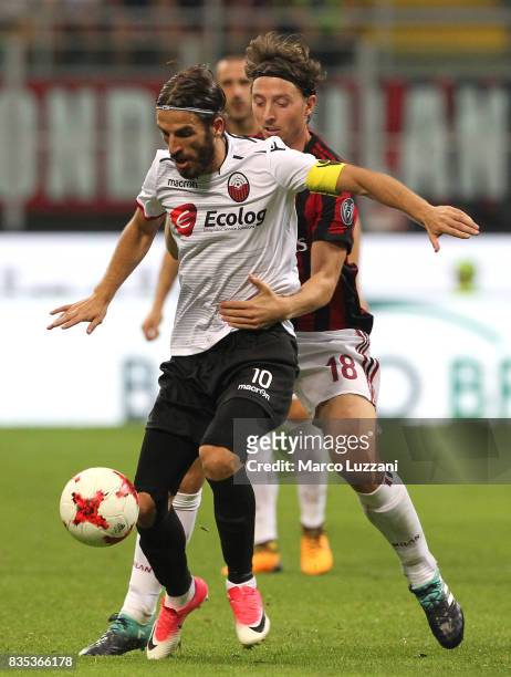 Feran Hasani of KF Shkendija 79 competes for the ball with Riccardo Montolivo of AC Milan during the UEFA Europa League Qualifying Play-Offs round...
