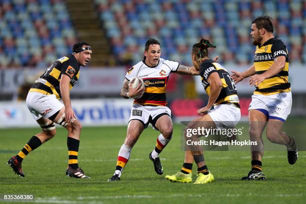 Zac Guildford of Waikato runs into the Waikato defence during the round one Mitre 10 Cup match between Taranaki and Waikato at Yarrow Stadium on...