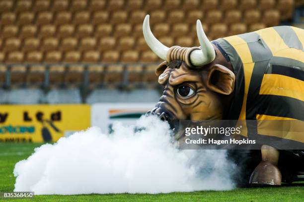 Taranaki mascot, Ferdinand the Bull , blows smoke during the round one Mitre 10 Cup match between Taranaki and Waikato at Yarrow Stadium on August...