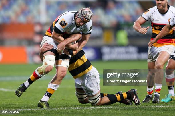 James Tucker of Waikato is tackled during the round one Mitre 10 Cup match between Taranaki and Waikato at Yarrow Stadium on August 19, 2017 in New...