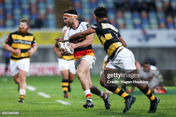 Mitch Jacobson of Waikato looks to pass during the round one Mitre 10 Cup match between Taranaki and Waikato at Yarrow Stadium on August 19, 2017 in...