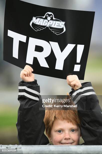 Young fan can barely see over the railing during the round one Mitre 10 Cup match between the Hawke's Bay and Southland at McLean Park on August 19,...