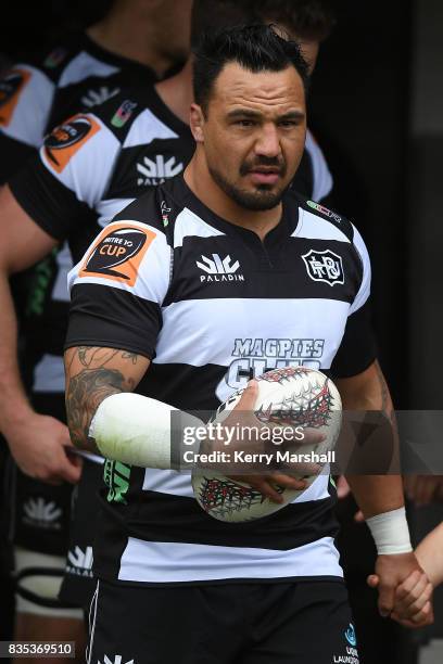 Ash Dixon of Hawke's Bay leads the team out for the round one Mitre 10 Cup match between the Hawke's Bay and Southland at McLean Park on August 19,...