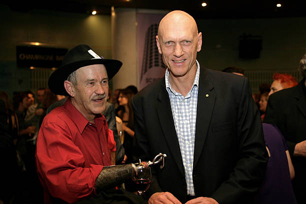 Charlie McMahon and Presenter Peter Garrett pose for a photo at for the Screen Music Awards at the City Recital Hall on November 3, 2008 in Sydney,...