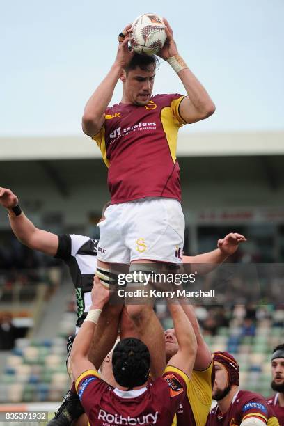 Manaaki Selby-Rickit of Southland takes a lineout during the round one Mitre 10 Cup match between the Hawke's Bay and Southland at McLean Park on...