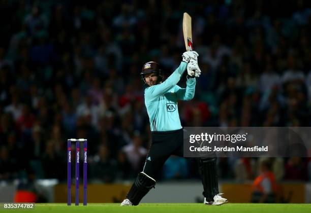 Gareth Batty of Surrey bats during the NatWest T20 Blast match between Surrey and Gloucestershire at The Kia Oval on August 17, 2017 in London,...