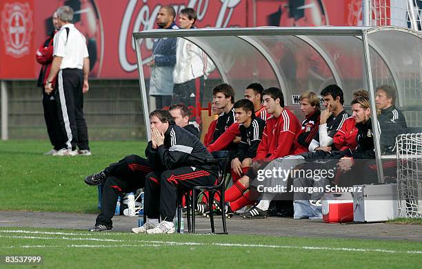 Coach Sascha Lewandowski of Leverkusen watches his team playing during the A juniors Bundesliga match between Bayer 04 Leverkusen and Rot-Weiss Essen...