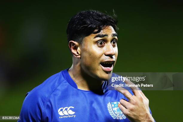 Malakai Fekitoa of Auckland warms up ahead of the round one Mitre 10 Cup match between Counties Manukau and Auckland at ECOLight Stadium on August...
