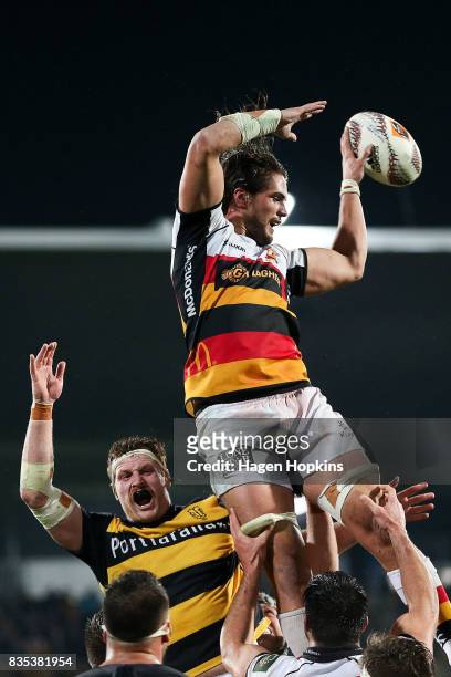 Jacob Skeen of Waikato wins a lineout during the round one Mitre 10 Cup match between Taranaki and Waikato at Yarrow Stadium on August 19, 2017 in...