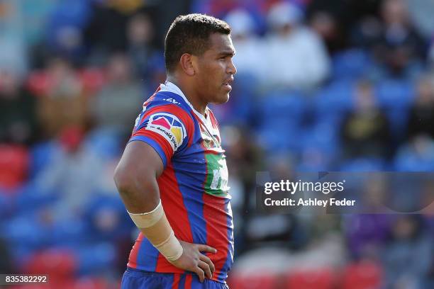 Daniel Saifiti of the Knights looks on during the round 24 NRL match between the Newcastle Knights and the Melbourne Storm at McDonald Jones Stadium...