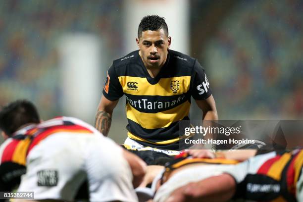 Te Toiroa Tahuriorangi of Taranaki looks over a scrum during the round one Mitre 10 Cup match between Taranaki and Waikato at Yarrow Stadium on...