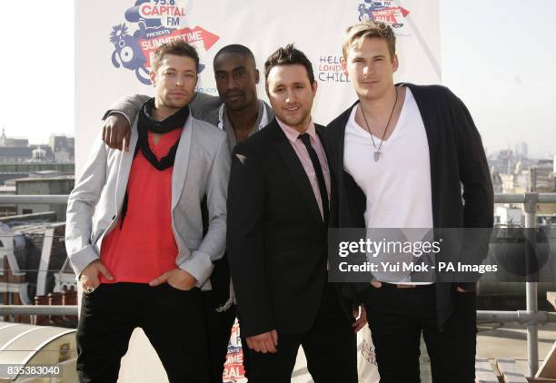 Pop band Blue, from left: Duncan James, Simon Webbe, Anthony Costa and Lee Ryan, announce their reformation during a visit to Capital Radio, at...