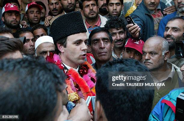 Pro-India Kashmiri leader and president of the National Conference, Omar Abdulla comes out after filing his nomination papers in Ganderbal district...