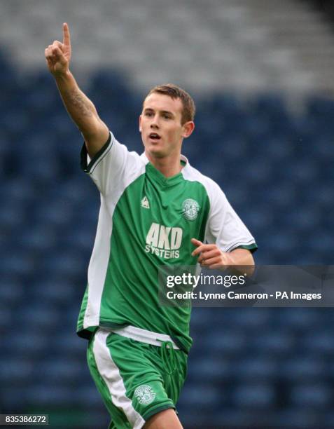 Hibernian's Kurtis Byrne celebrates scoring during the SFA Youth Cup Final at Hampden Park, Glasgow.